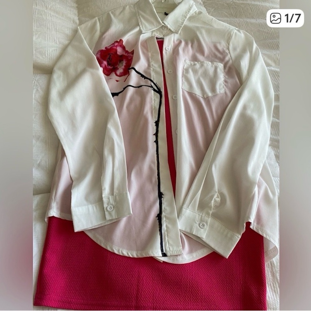 🌹White Shirt Set with Pink Floral Design🌹 Discounted Price